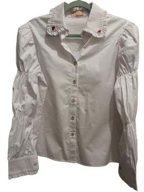 Mae White Button-Up Blouse with Ruffled Collar, Red Heart Pins, and Ruched Sleev